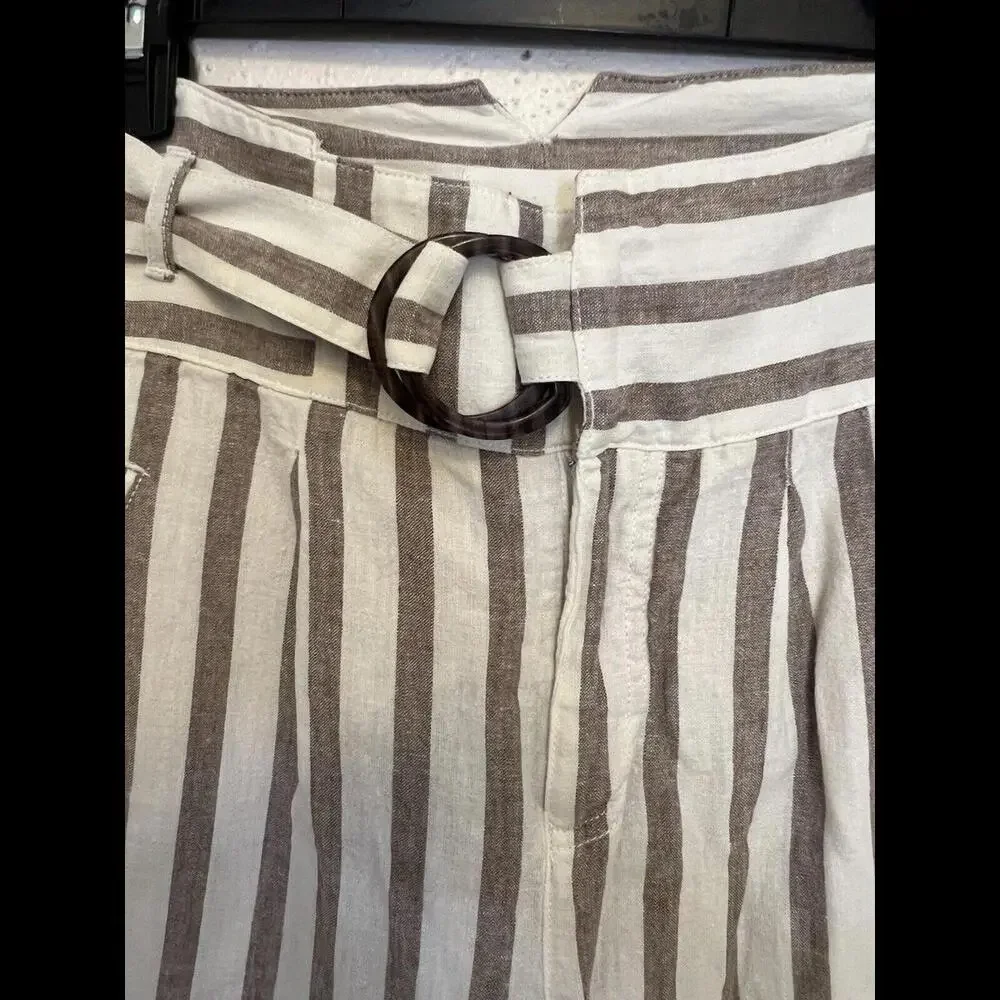 By‎ Anthropologie Oasis Brown Striped Linen Blend Ankle Pants Womens Size 8